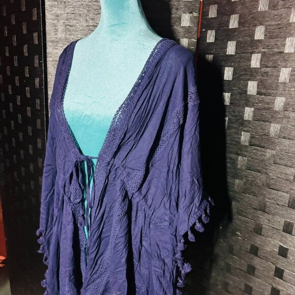 Vince Camuto Navy Blue Boho Open Front Cardigan with tassels and tie waist - Picture 10 of 11